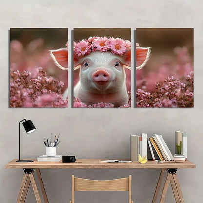 3pcs Happy Animals Pig with Flower Crown Metal Print Ready to Hang Art