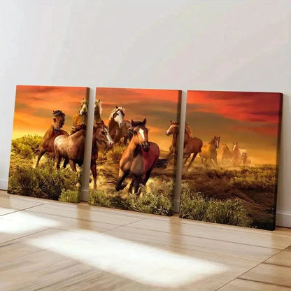 3pcs Horses Running At Sunset Grassland Wall Art Set Canvas Framed 40x60cm - High Quality Print 100% Australian Made Wall Canvas Ready to Hang