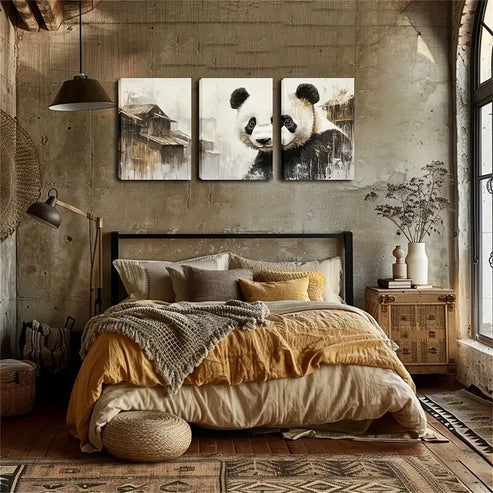 3pcs Charming Panda Traditional Building Perfect Wall Art Canvas Unframed - High Quality Print 100% Australian Made Wall Canvas
