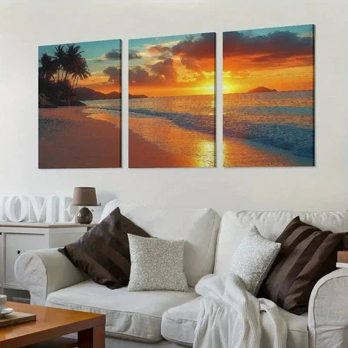 3pcs Classic Palm Tree Beach Sunset Wall Art Set Canvas Unframed - High Quality Print 100% Australian Made Wall Canvas