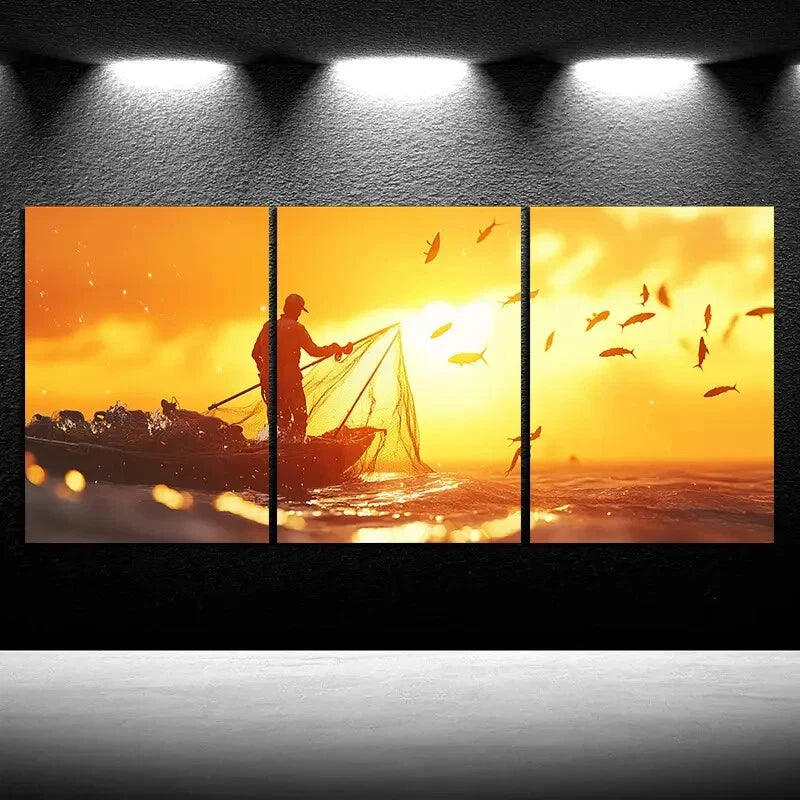 3pcs Fishermen Casting Nets Sunset Metal Print Ready to Hang Art