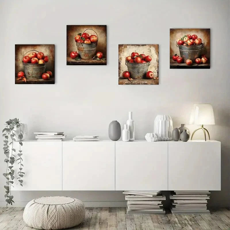 4pcs Red apples in an iron basketWall Art Canvas Framed