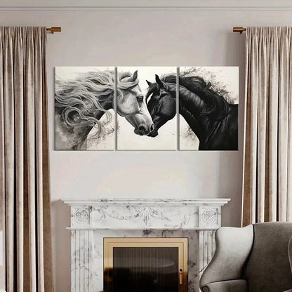 3pcs Black & White Horses Love Abstract Horses Wall Art Set Canvas Framed 40x60cm - High Quality Print 100% Australian Made Wall Canvas Ready to Hang