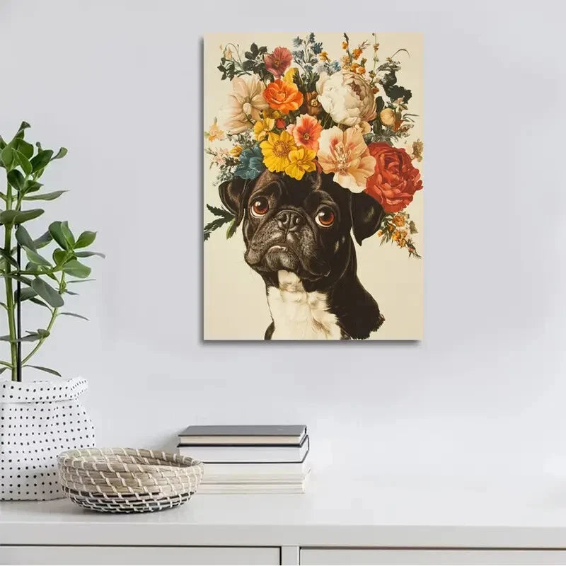 Beautiful Vintage Flowers And Pug Painting 40x60cm Metal Print Ready to Hang