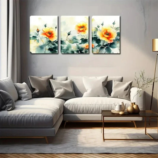 3pcs Vibrant Yellow Orange & Green Perfect Wall Art Set Canvas Framed 40x60cm - High Quality Print 100% Australian Made Wall Canvas Ready to Hang
