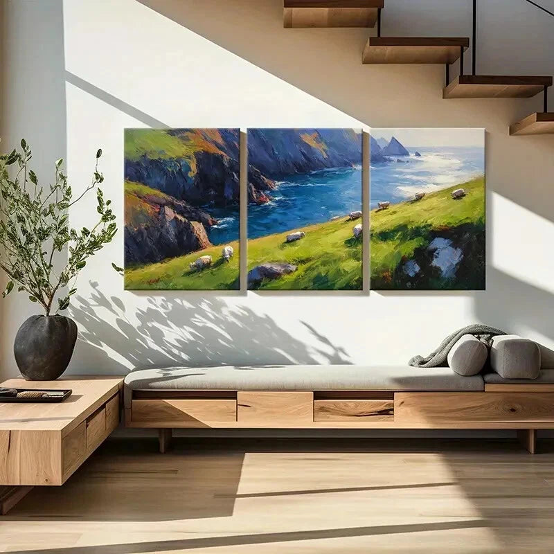 3pcs Coastal Landscape Sheep Grazing Ocean Waves Metal Print Ready to Hang Art