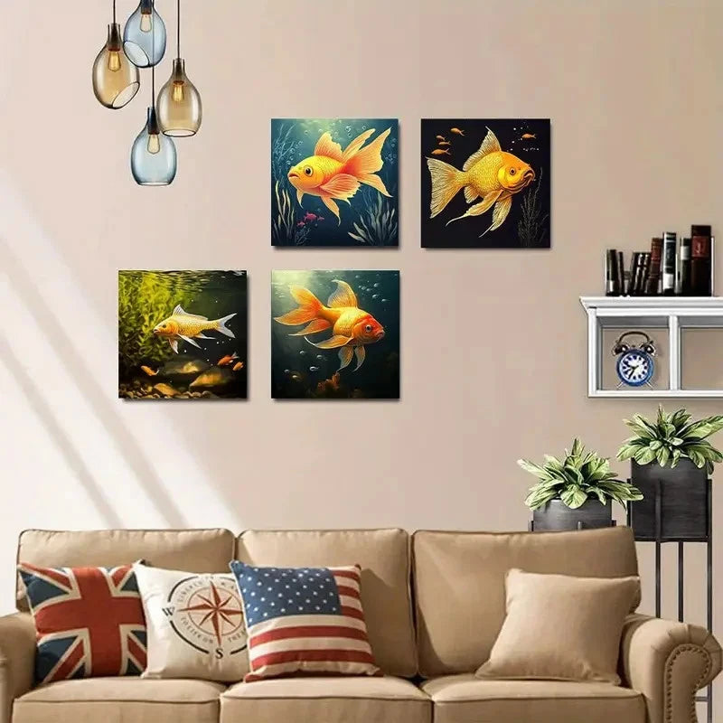 4pcs Golden Fish Modern Elegant Wall Art Canvas Framed