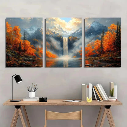 3pcs Autumn Waterfall Misty Mountain Perfect Wall Art Set Canvas Framed 40x60cm - High Quality Print 100% Australian Made Wall Canvas Ready to Hang