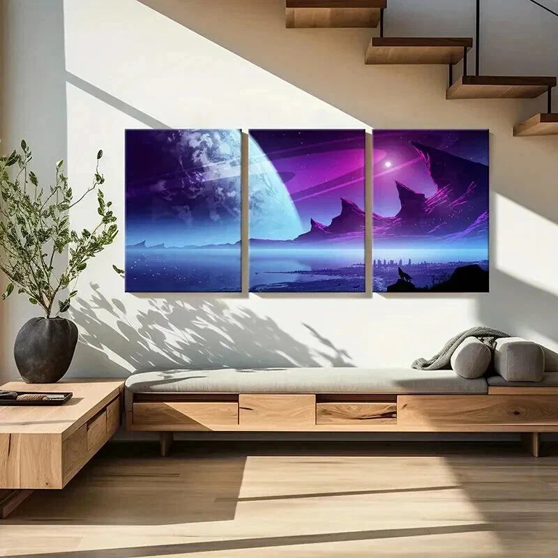 3pcs Fantasy Landscape Art Island & Howling Wolf Wall Art Set Canvas Framed 40x60cm - High Quality Print 100% Australian Made Wall Canvas Ready to Hang