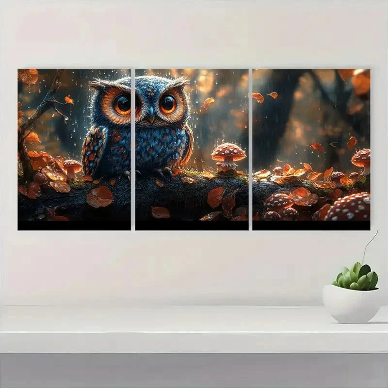 3pcs Whimsical Owl Forest Scene with Mushrooms Metal Print Ready to Hang Art