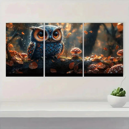 3pcs Whimsical Owl Forest Scene with Mushrooms Metal Print Ready to Hang Art