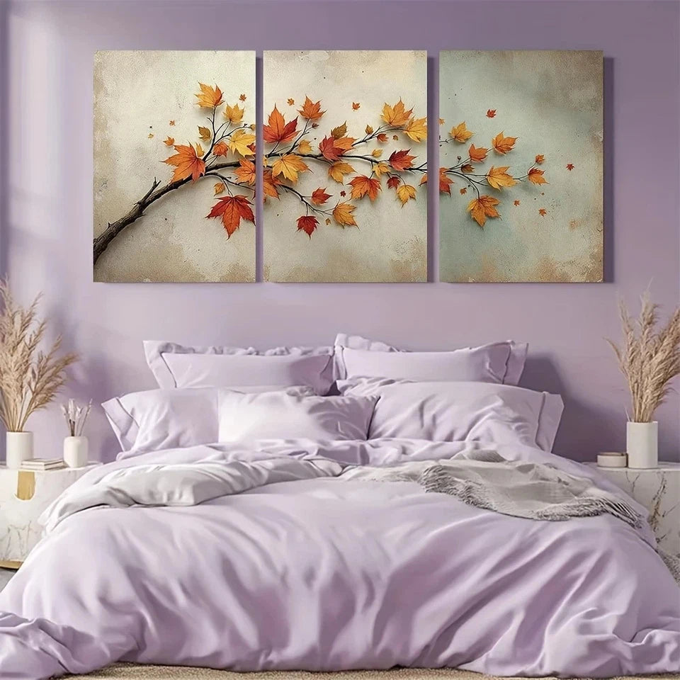 3pcs Golden Autumn Leaves Earthy Tones Metal Print Ready to Hang Art