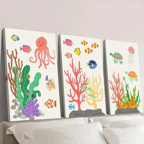 3pcs Colorful Sea Creatures in Ocean Ecosystem Wall Art Canvas Unframed – High Quality Print 100% Australian Made Wall Canvas