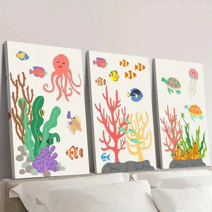 3pcs Colorful Sea Creatures in Ocean Ecosystem Wall Art Canvas Unframed – High Quality Print 100% Australian Made Wall Canvas