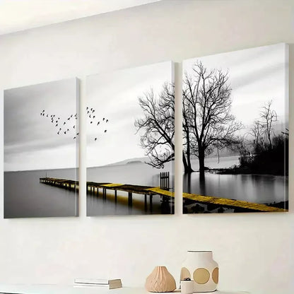3pcs Black And White Lakeside Wooden Walkway Wall Art Set Canvas Framed 40x60cm - High Quality Print 100% Australian Made Wall Canvas Ready to Hang
