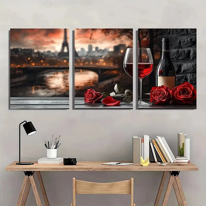 3pcs Vintage Red Wine & Red Rose Metal Print Ready to Hang Art