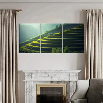3pcs Green Geometric Terraced Fields Wall Art Set Canvas Framed 40x60cm - High Quality Print 100% Australian Made Wall Canvas Ready to Hang