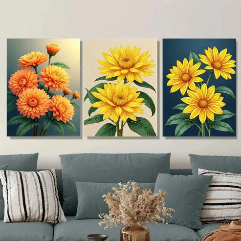 3pcs Vibrant Sunflower Orange Floral Dark Blue Wall Art Set Canvas Unframed - High Quality Print 100% Australian Made Wall Canvas