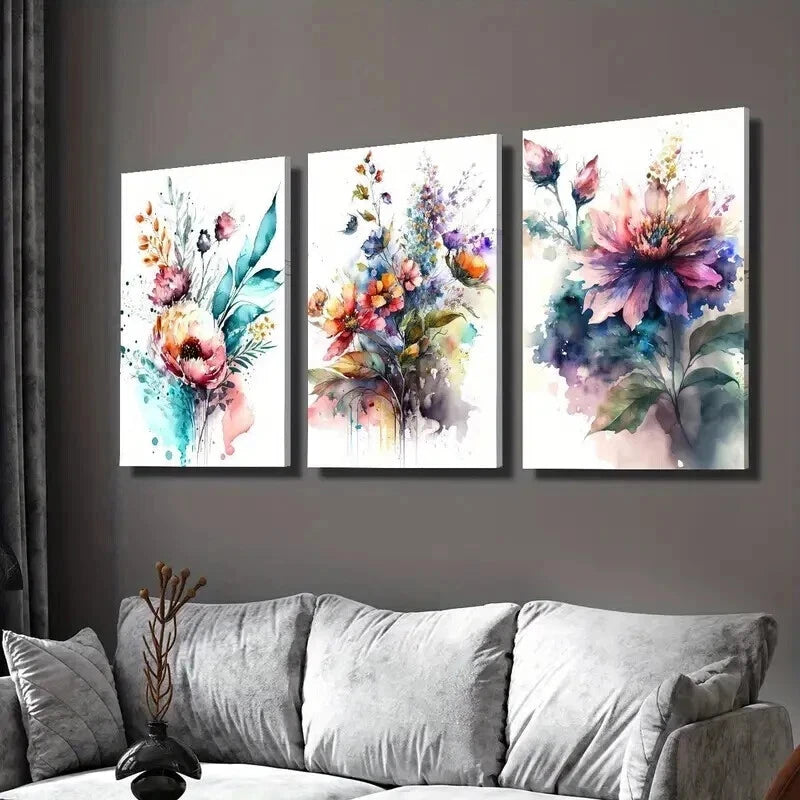 3pcs Bouquet of Watercolor Colorful Flowers Wall Art Set Canvas Framed 40x60cm - High Quality Print 100% Australian Made Wall Canvas Ready to Hang