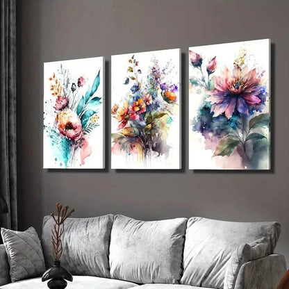 3pcs Bouquet of Watercolor Colorful Flowers Wall Art Set Canvas Framed 40x60cm - High Quality Print 100% Australian Made Wall Canvas Ready to Hang