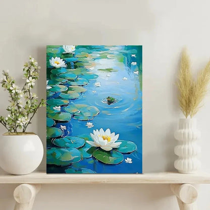 Serene Pond and Water Lilies Scene with Frog 40x60cm Metal Print Ready to Hang