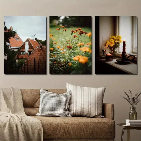 3pcs Autumn Rooftop Cottage Plant And Flower Wall Art Set Canvas Unframed - High Quality Print 100% Australian Made Wall Canvas