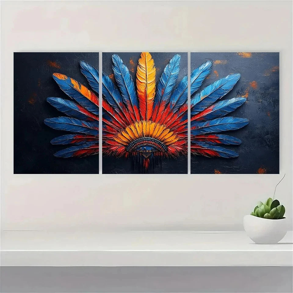 3pcs Headdress Made of Feathers Metal Print Ready to Hang Art