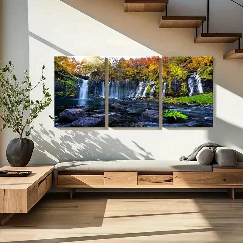3pcs Vibrant Autumn Waterfall Landscape Wall Art Set Canvas Framed 40x60cm - High Quality Print 100% Australian Made Wall Canvas Ready to Hang