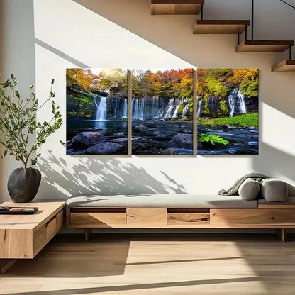 3pcs Vibrant Autumn Waterfall Landscape Wall Art Set Canvas Framed 40x60cm - High Quality Print 100% Australian Made Wall Canvas Ready to Hang