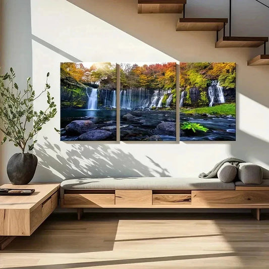 3pcs Vibrant Autumn Waterfall Landscape Wall Art Set Canvas Framed 40x60cm - High Quality Print 100% Australian Made Wall Canvas Ready to Hang