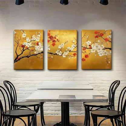 3pcs Golden Plum Blossom Branches Floral Perfect Wall Art Canvas Unframed - High Quality Print 100% Australian Made Wall Canvas