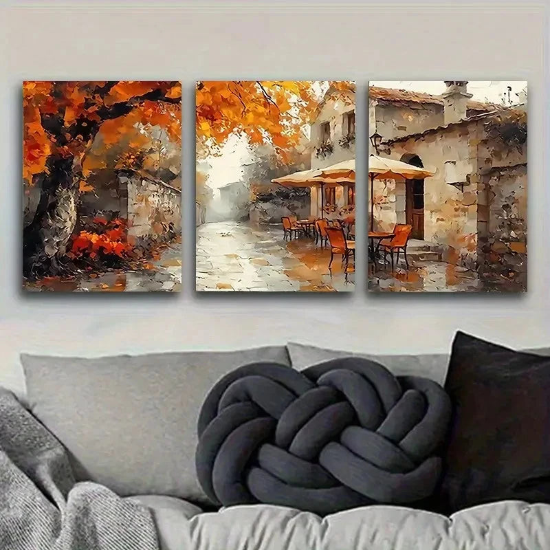 3pcs Autumn Townscape Painting Wall Art Set Canvas Framed 40x60cm - High Quality Print 100% Australian Made Wall Canvas Ready to Hang
