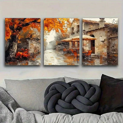 3pcs Autumn Townscape Painting Wall Art Set Canvas Framed 40x60cm - High Quality Print 100% Australian Made Wall Canvas Ready to Hang
