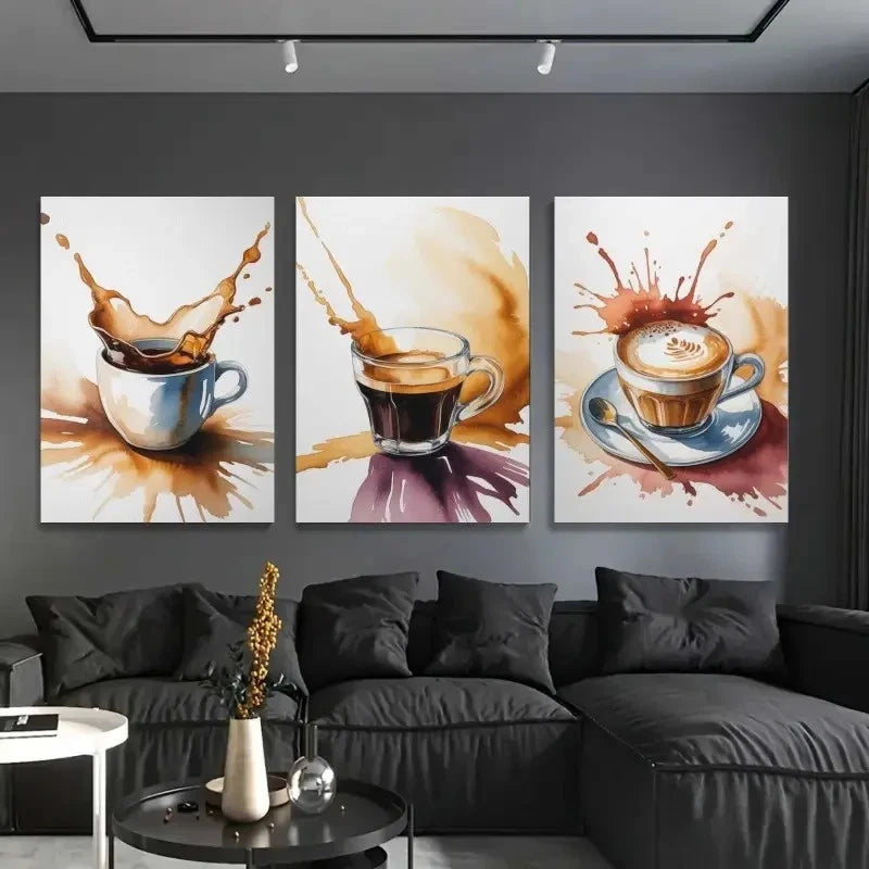 3pcs Coffee Cups Espresso Latte Art Painting Metal Print Ready to Hang Art