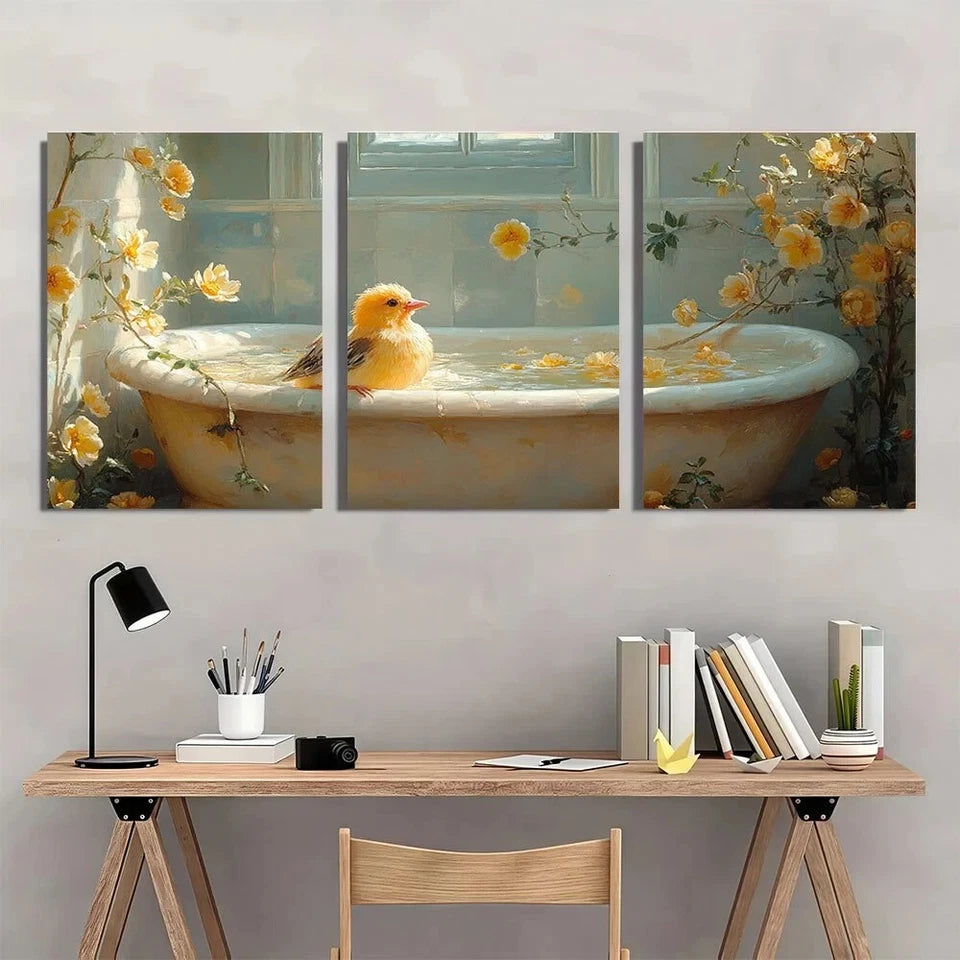3pcs Vibrant Yellow Bird in Bathtub Metal Print Ready to Hang Art