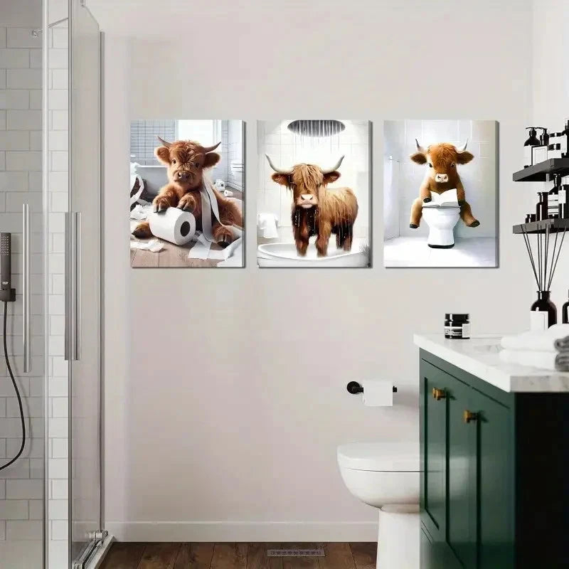 3pcs Funny Bathroom Brown Cute Cow Animal  Metal Print Ready to Hang Art