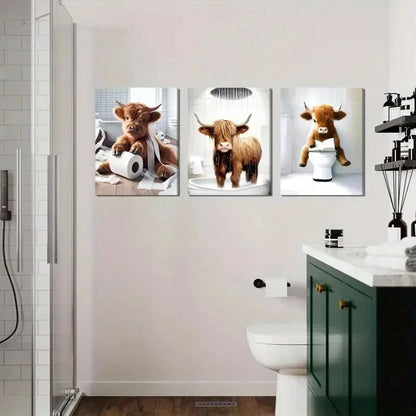 3pcs Funny Bathroom Brown Cute Cow Animal  Metal Print Ready to Hang Art