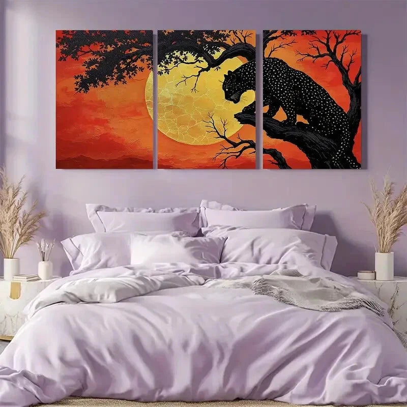 3pcs Bold Sunset Black Leopard and Silhouetted Metal Print Ready to Hang Art