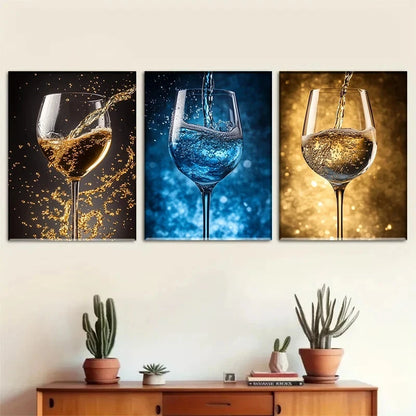 3pcs Vibrant Wine Glass Prints with Golden & Blue Metal Print Ready to Hang Art
