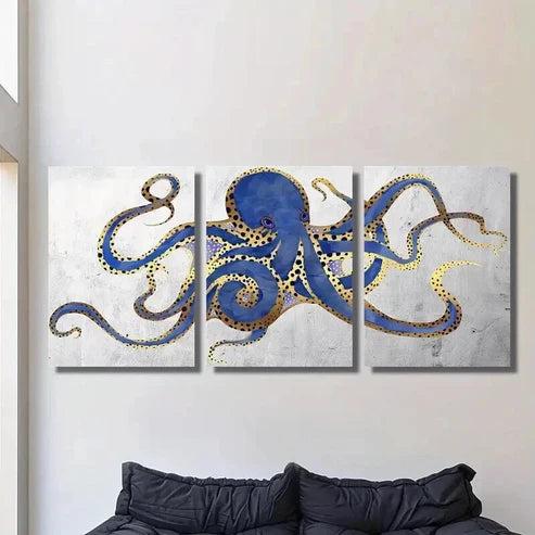 3pcs Navy Golden Blue and Gray Abstract Octopus Wall Art Canvas Unframed – High Quality Print 100% Australian Made Wall Canvas