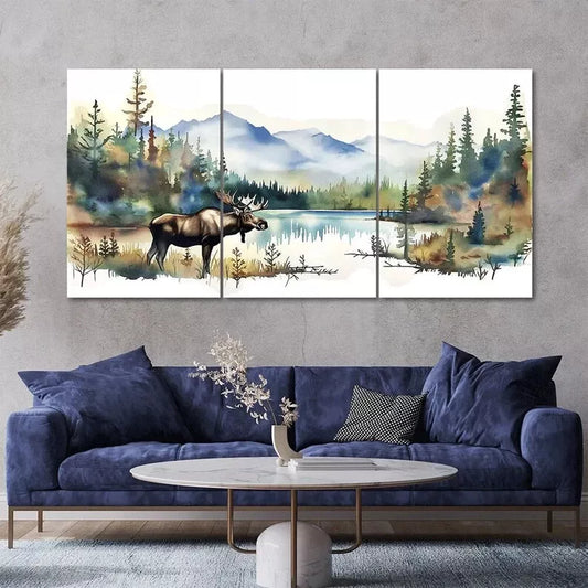 Water Color Moose Lake 3 Piece Canvas Framed 40x60cm - High Quality Print 100% Australian Made Wall Canvas Ready to Hang