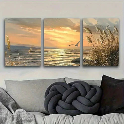 3pcs Seaside Sunset Landscape Wall Art Set Canvas Unframed - High Quality Print 100% Australian Made Wall Canvas