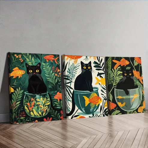3pcs Black Cats Colorful Orange Fish Perfect Wall Art Set Canvas Unframed - High Quality Print 100% Australian Made Wall Canvas