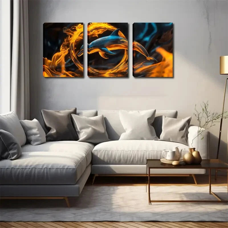 3pcs Abstract Dolphin And Fire Leaping Perfect Wall Art Set Canvas Framed 40x60cm - High Quality Print 100% Australian Made Wall Canvas Ready to Hang
