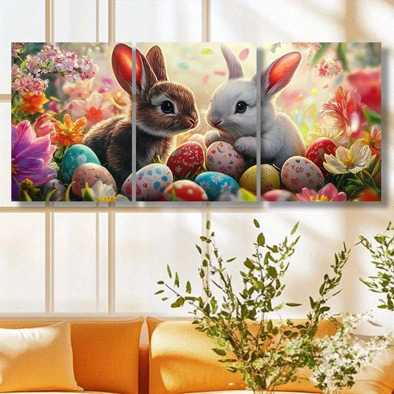 3pcs Colourful Rabbits Eggs Painting Metal Print Ready to Hang Art