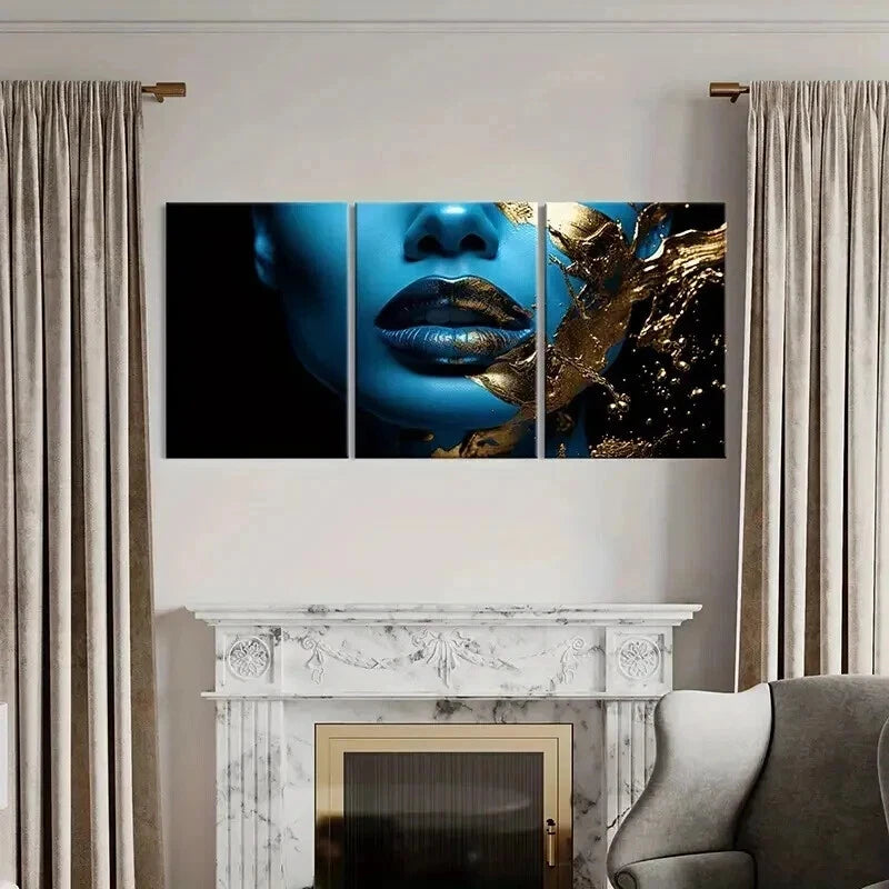3pcs Golden Lips Abstract Blue Face Wall Art Set Canvas Framed 40x60cm - High Quality Print 100% Australian Made Wall Canvas Ready to Hang