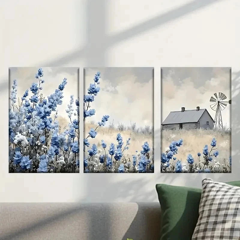 3pcs Farmhouse with Vibrant Blue Flowers Wall Art Set Canvas Framed 40x60cm - High Quality Print 100% Australian Made Wall Canvas Ready to Hang