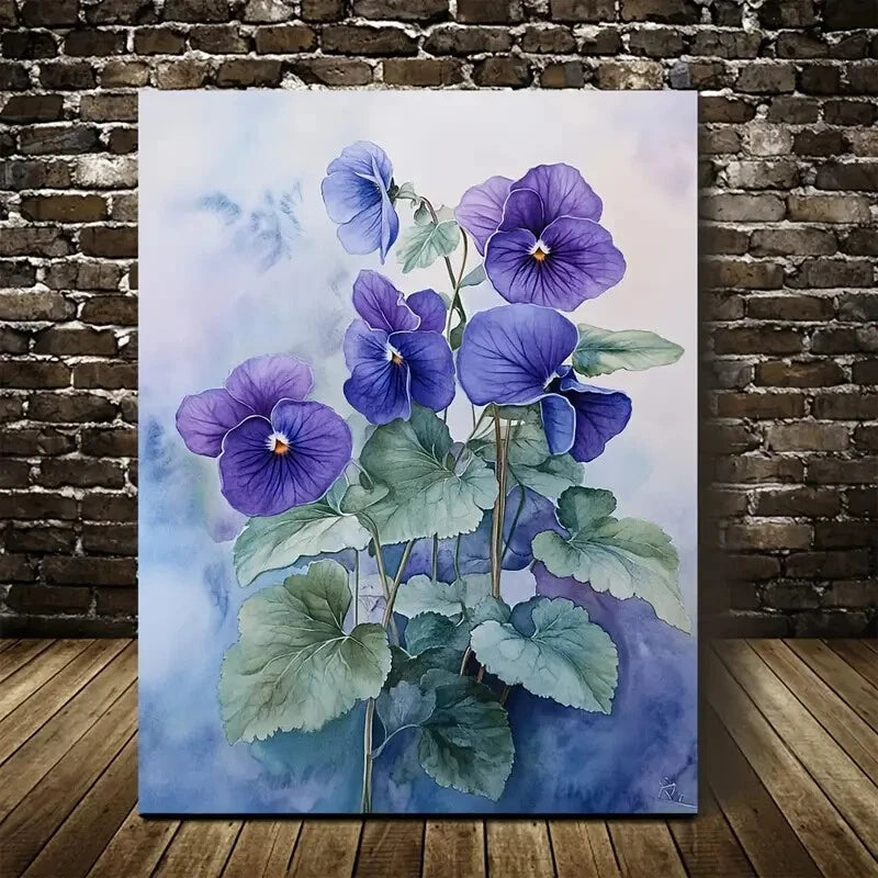 Vibrant Blue & Purple Violets Floral Design,Painting  40x60cm Metal Print Ready to Hang