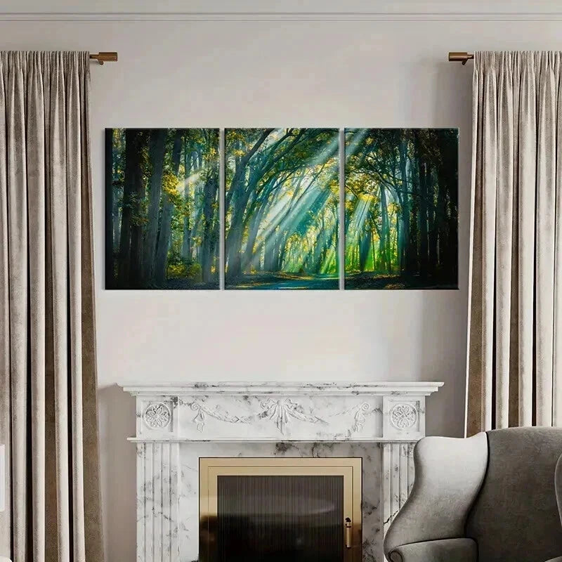 3pcs Forest Trees Sunshine Tyndall Effect Wall Art Set Canvas Framed 50x70cm - High Quality Print 100% Australian Made Wall Canvas Ready to Hang