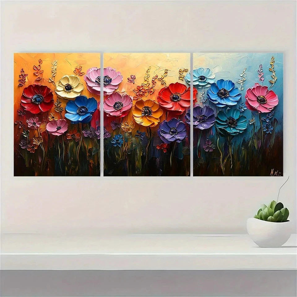 3pcs Abstract Colorful Flower Oil Painting Metal Print Ready to Hang Art
